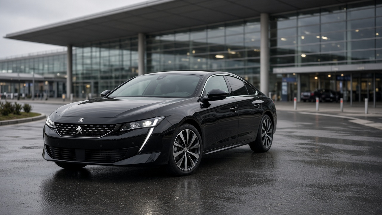 Peugeot 508 noire devant l’aérogare de Bordeaux-Mérignac
