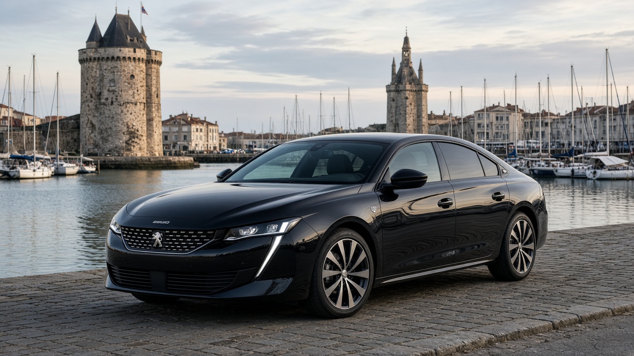 Peugeot 508 noire au Vieux-Port de La Rochelle, Charente-Maritime