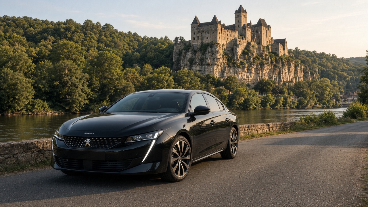 Peugeot 508 noire devant le château de Beynac, en Dordogne