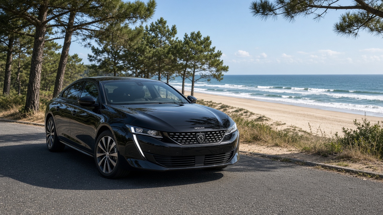 Peugeot 508 noire sur la côte landaise, pins et océan