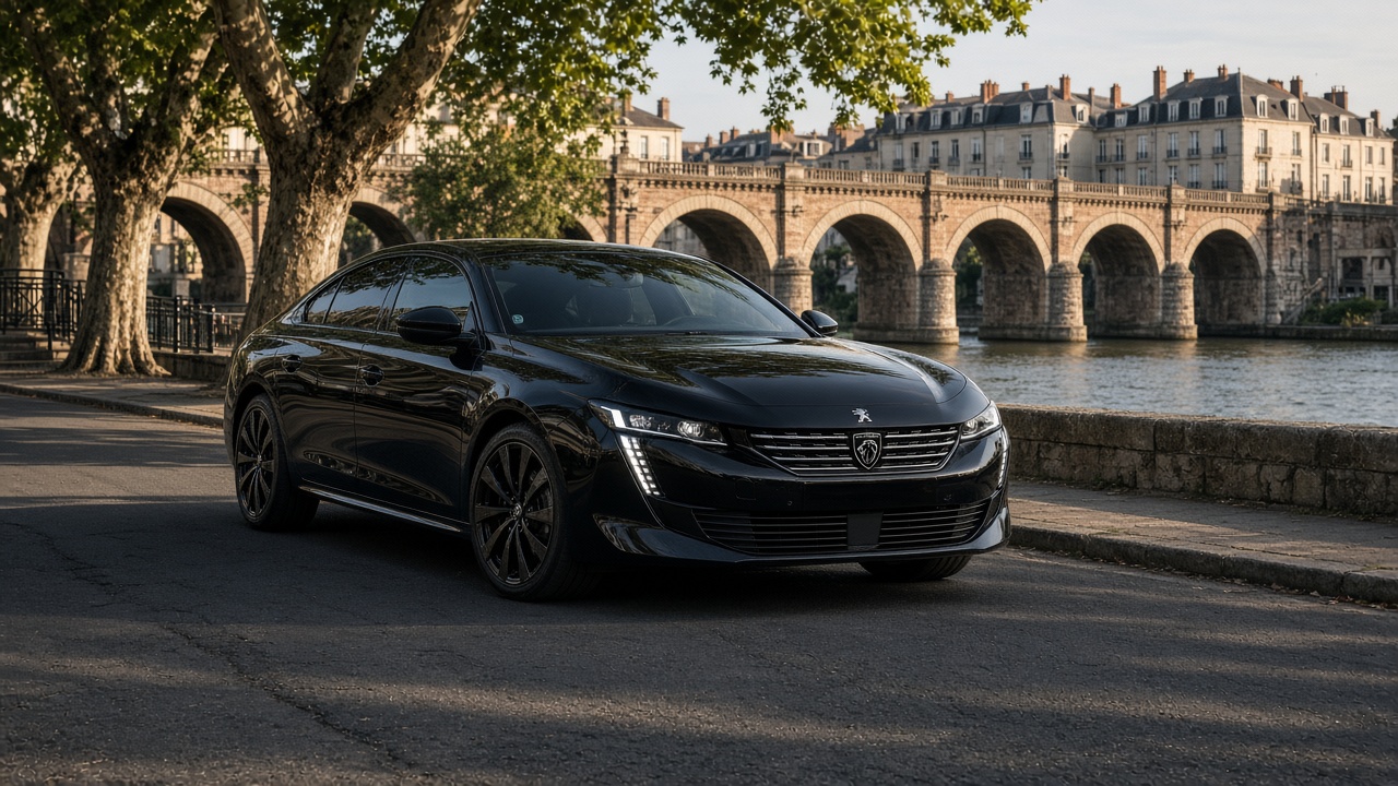 Peugeot 508 noire au bord de la Garonne, Lot-et-Garonne