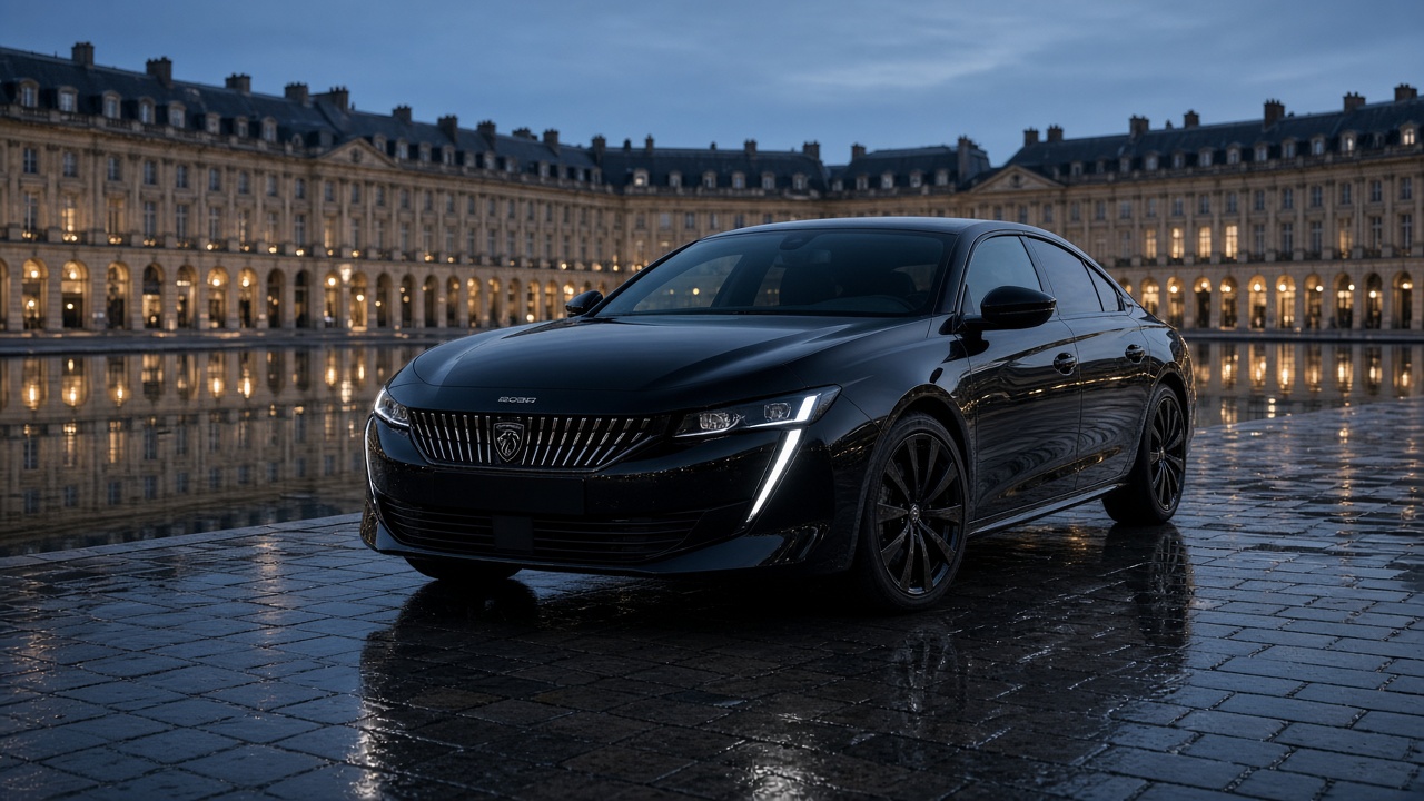 Peugeot 508 noire de Christophe Sabas devant le Miroir d’eau, Place de la Bourse à Bordeaux